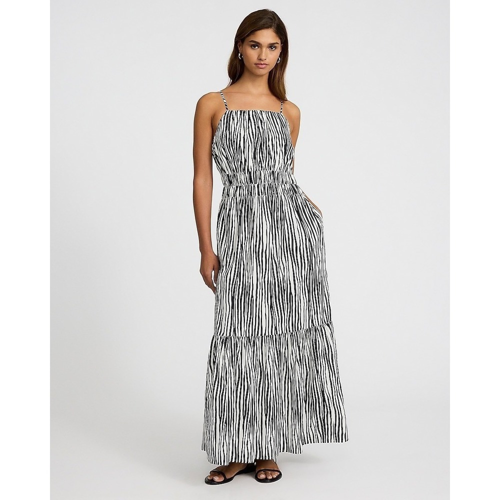 Express Poplin Striped Smocked Tiered Maxi Dress M | Pockets Spaghetti Straps
